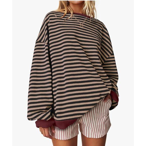 UEU Oversized Striped Crewneck Sweatshirt Size Large Long Sleeve Pullover Top - Picture 1 of 11